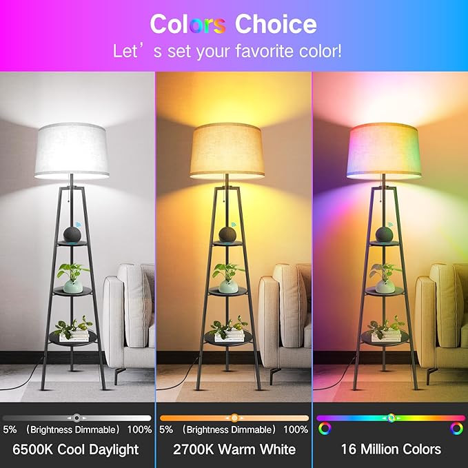 OUTON Tripod Floor Lamp with Shelves, Smart RGB Shelf Floor Lamp with WiFi APP Remote Control, Works with Alexa Google Home Voice Control, Modern LED Tall Standing Lamp for Living Room Bedroom Office - LeafyLoom