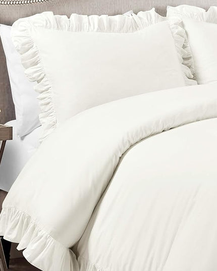 Lush Decor Reyna Ruffle 100% Cotton Duvet Cover Set - 3 Piece Cozy Ruffled Bedding Set - Timeless Elegance and Comfort - California King, White - LeafyLoom