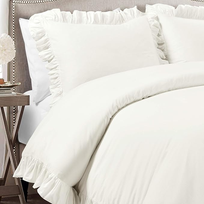 Lush Decor Reyna Ruffle 100% Cotton Duvet Cover Set - 3 Piece Cozy Ruffled Bedding Set - Timeless Elegance and Comfort - California King, White - LeafyLoom