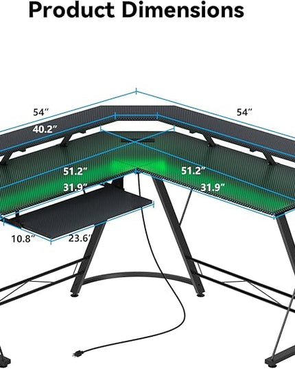 L Shaped Gaming Desk with LED Lights and Power Outlet, Computer Desk with Monitor Stand, Untimate Corner Desk with Hooks and Keyboard Tray, Carbon Fiber, Black - LeafyLoom