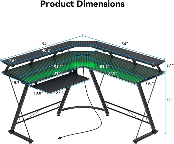 L Shaped Gaming Desk with LED Lights and Power Outlet, Computer Desk with Monitor Stand, Untimate Corner Desk with Hooks and Keyboard Tray, Carbon Fiber, Black - LeafyLoom