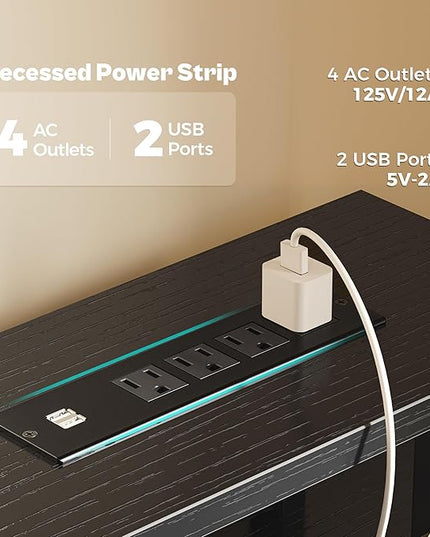 47 inch Computer Desk with 3 Drawers, Office Desk Gaming Desk with LED Lights & Power Outlets, Home Office Desks with Storage Space for Bedroom, Work from Home, Black - LeafyLoom