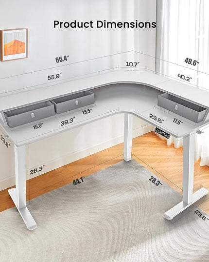 ErGear 65'' L Shaped Standing Desk for Gaming, [3 Drawers & 2 Cable Management Trays] Corner Stand up Desk [Compatible w/C-Clamp Mount] Height Adjustable for Home Office, White - LeafyLoom
