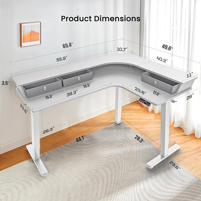 ErGear 65'' L Shaped Standing Desk for Gaming, [3 Drawers & 2 Cable Management Trays] Corner Stand up Desk [Compatible w/C-Clamp Mount] Height Adjustable for Home Office, White - LeafyLoom