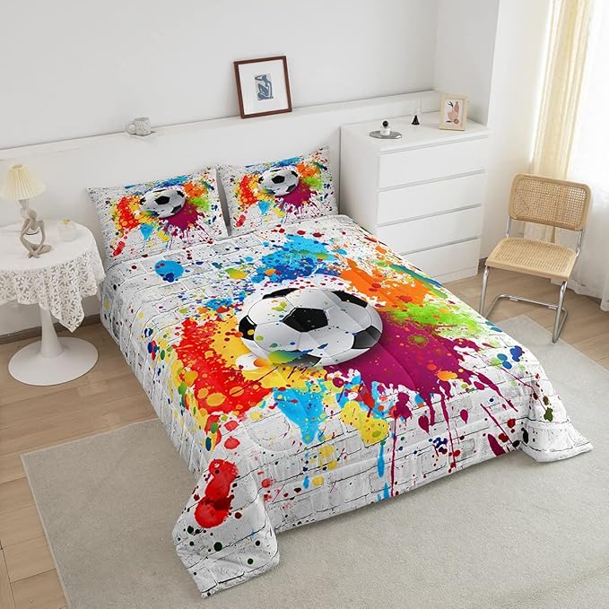 Football Bedding Set Rugby Sports Comforter Set Soccer Ball Game Comforter for Boys Girls Children Teens Bedroom Decor Gift for Football Lover Duvet Set Full Size with 2 Pillow Case - LeafyLoom