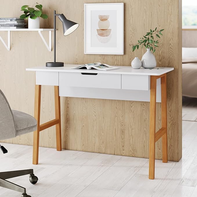 Nathan James Jacklyn Modern Home Office Writing Desk, White/Brown - LeafyLoom