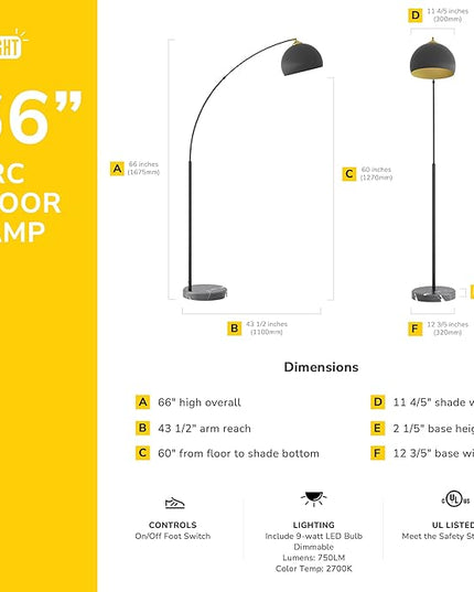 GETINLIGHT 66" Modern Black Metal Arc Floor Lamp with Inner Gold Metal Shade and Black Marble Base, LED Bulb Included, IN-0806-1-BK - LeafyLoom