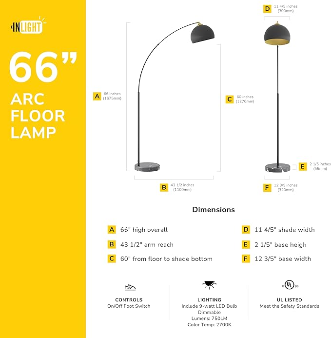 GETINLIGHT 66" Modern Black Metal Arc Floor Lamp with Inner Gold Metal Shade and Black Marble Base, LED Bulb Included, IN-0806-1-BK - LeafyLoom