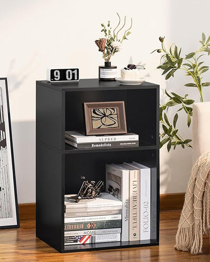 YAHARBO 2 Cube Bookshelf, Black Record Player Stand with Vinyl Storage Up to 100 Albums, Horizontal Book Shelf, Small Cubby Bookcase with Storage Organizer, Turntable Stand for Living Room, Bedroom - LeafyLoom