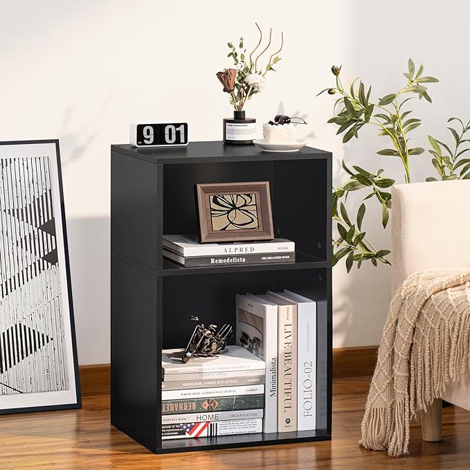 YAHARBO 2 Cube Bookshelf, Black Record Player Stand with Vinyl Storage Up to 100 Albums, Horizontal Book Shelf, Small Cubby Bookcase with Storage Organizer, Turntable Stand for Living Room, Bedroom - LeafyLoom
