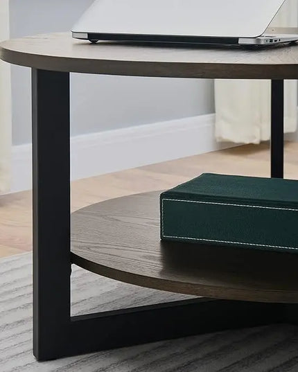 MODERION Round Coffee Table with Storage Shelf, Farmhouse Living Room Cocktail Table with Black Metal Legs, Circular Solid Wood Center Tea/ Sofa Table, 35.3''Dx17.8''H, Brushed Black KFZ1338BK - LeafyLoom