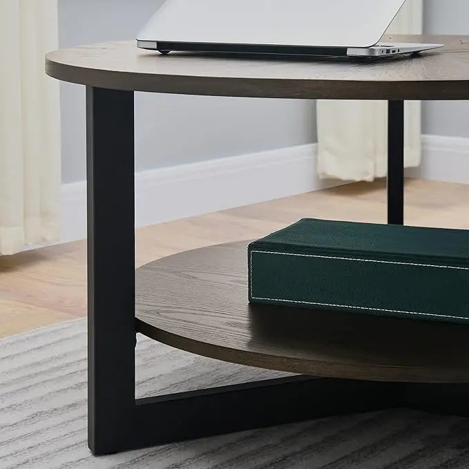 MODERION Round Coffee Table with Storage Shelf, Farmhouse Living Room Cocktail Table with Black Metal Legs, Circular Solid Wood Center Tea/ Sofa Table, 35.3''Dx17.8''H, Brushed Black KFZ1338BK - LeafyLoom