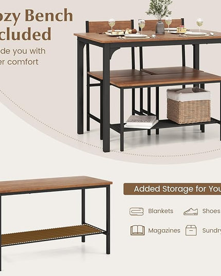 LDAILY Moccha Dining Table Set for 4, Wooden Kitchen Table with with 2 Chairs and a Long Bench, Modern 4-Piece Dinette with Metal Frame & Storage Rack, Space-Saving Table Set for Dining Room, Teak - LeafyLoom