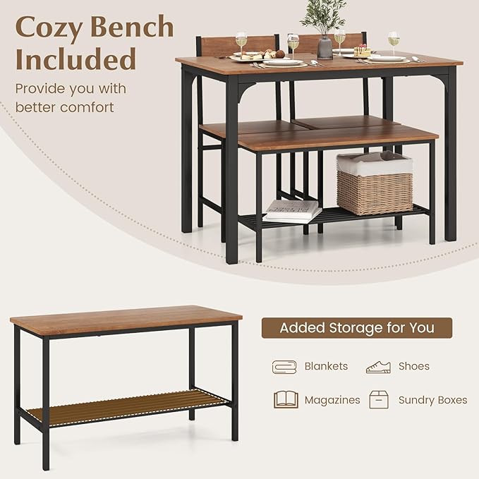LDAILY Moccha Dining Table Set for 4, Wooden Kitchen Table with with 2 Chairs and a Long Bench, Modern 4-Piece Dinette with Metal Frame & Storage Rack, Space-Saving Table Set for Dining Room, Teak - LeafyLoom