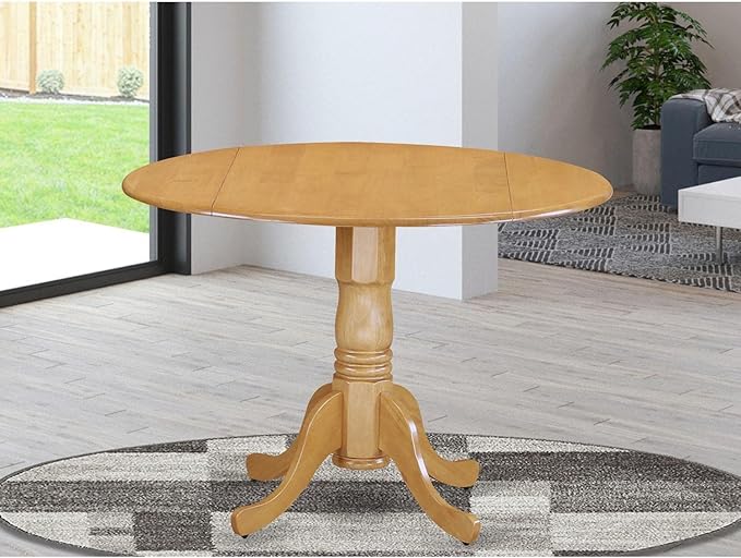 East West Furniture DLT-OAK-TP Dublin Dining Room Table - a Round kitchen Table Top with Dropleaf & Pedestal Base, 42x42 Inch, Oak - LeafyLoom