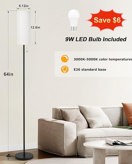 Ambimall 64'' Floor Lamp for Living Room with Bulb - Tall Lamps with Beige Lampshade & Pull Chain Switch, Pole Lamps for Bedrooms Tall, Minimalist Floor Lamp - LeafyLoom