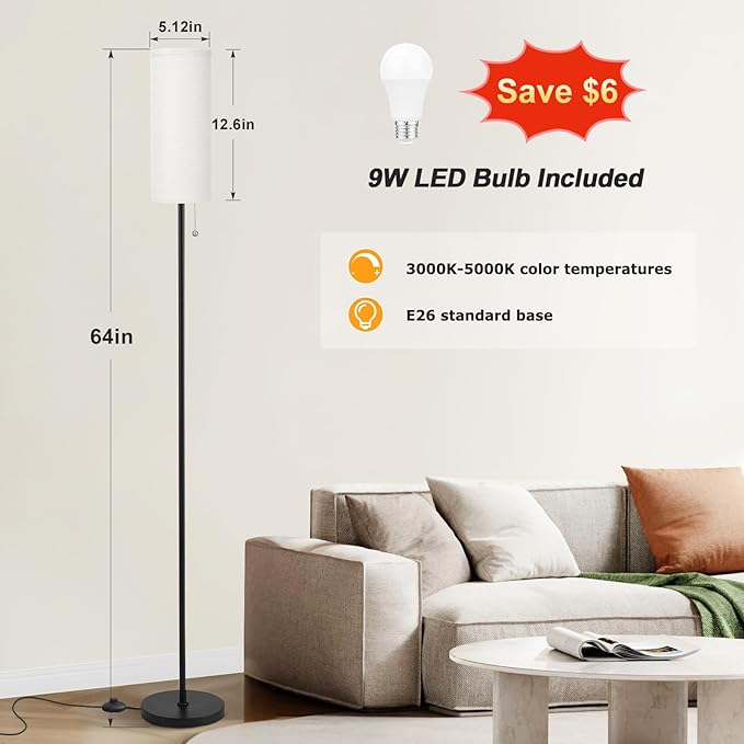 Ambimall 64'' Floor Lamp for Living Room with Bulb - Tall Lamps with Beige Lampshade & Pull Chain Switch, Pole Lamps for Bedrooms Tall, Minimalist Floor Lamp - LeafyLoom