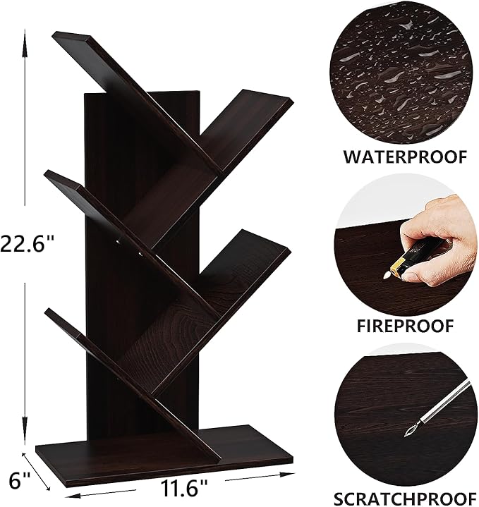 5-Shelf Tree Bookshelf Free Standing Small Book Shelf Narrow Wood Bookcase Floor Standing Book Shelf Modern Book Storage Organizer for Home Office Bedroom Living Room Black - LeafyLoom