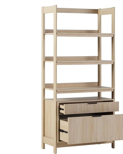 Walker Edison Modern Reeded 4-Shelf Bookshelf Bottom, 33 Inch, Two-Drawer Coastal Oak - LeafyLoom