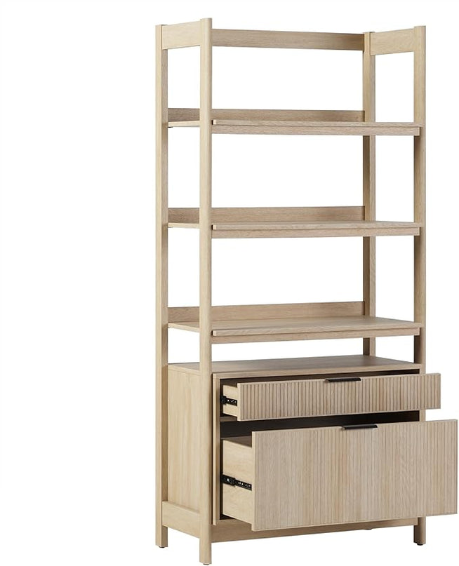 Walker Edison Modern Reeded 4-Shelf Bookshelf Bottom, 33 Inch, Two-Drawer Coastal Oak - LeafyLoom