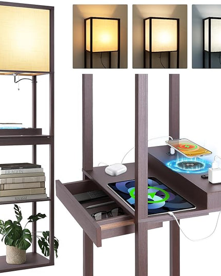 Floor Lamp with Shelves Plus, 4-Tier Wireless Charger Shelf Floor Lamp for Bedroom Living Room, USB and Type C Charging Ports 2 AC Power Outlets, 3CCT Color Selectable 15W Bulb(Walnut). - LeafyLoom