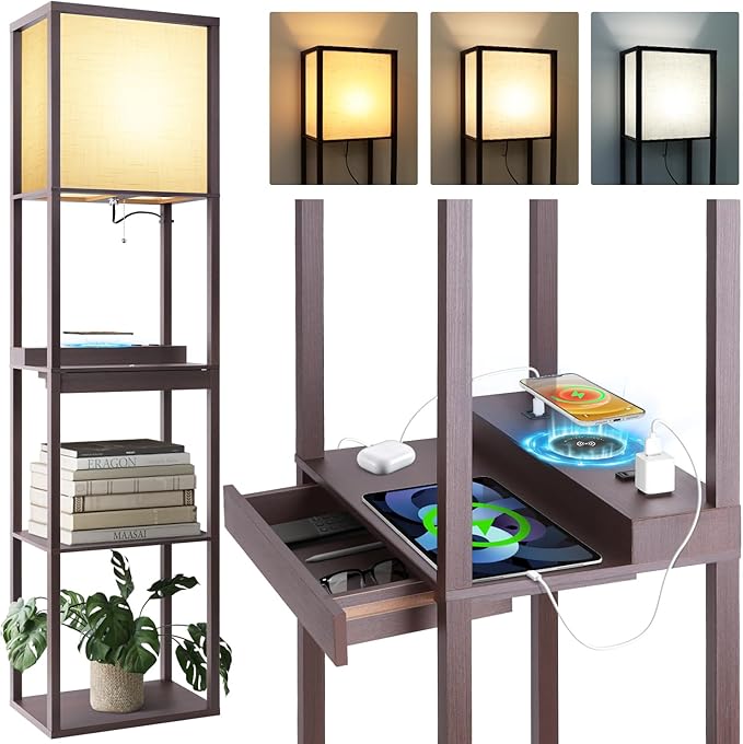Floor Lamp with Shelves Plus, 4-Tier Wireless Charger Shelf Floor Lamp for Bedroom Living Room, USB and Type C Charging Ports 2 AC Power Outlets, 3CCT Color Selectable 15W Bulb(Walnut). - LeafyLoom