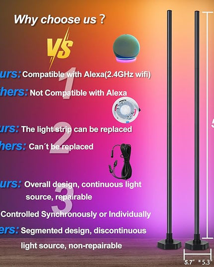 Smart Corner Floor Lamp,RGB LED Corner Lamp Compatible with Alexa & App,Remote Control,16 Million DIY Colors, Music Sync, Timer Setting for Living Rooms, Bedrooms and Gaming Rooms(2 Pack) - LeafyLoom
