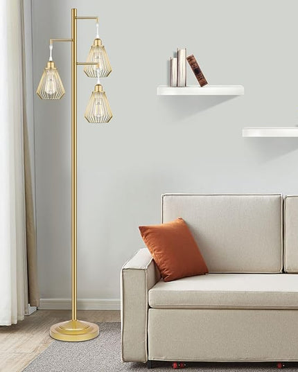 QiMH Industrial Floor Lamps for Living Room, Tree Standing Lamp with 3 Teardrop Cage Shades, 68" Modern Tall Lamps for Bedroom Office Home Light Decor, E26 Socket, Pedal Switch, Brass Gold - LeafyLoom