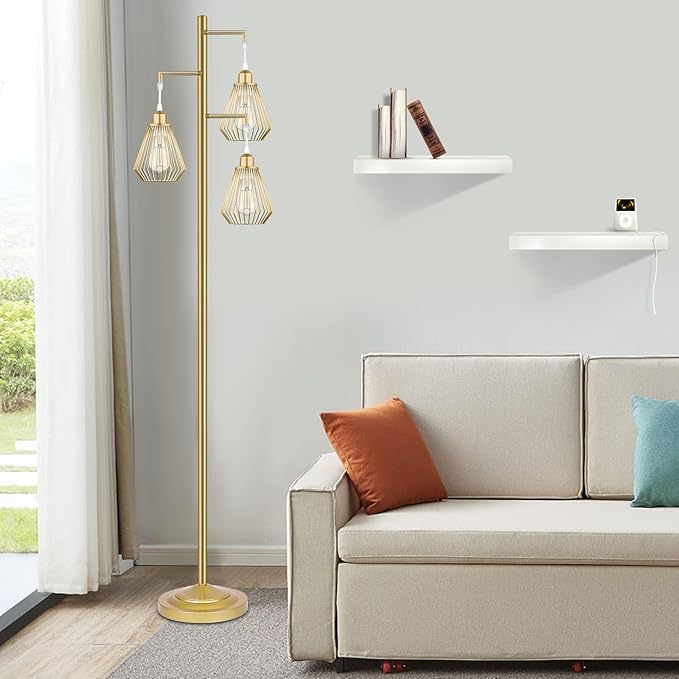 QiMH Industrial Floor Lamps for Living Room, Tree Standing Lamp with 3 Teardrop Cage Shades, 68" Modern Tall Lamps for Bedroom Office Home Light Decor, E26 Socket, Pedal Switch, Brass Gold - LeafyLoom