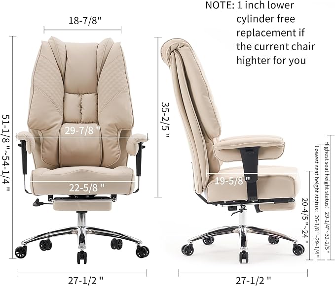 Big and Tall Office Chair 400lbs Wide Seat, Leather High Back Executive Office Chair with Foot Rest, Ergonomic Office Chair Lumbar Support for Lower Back Pain Relief (Beige) - LeafyLoom