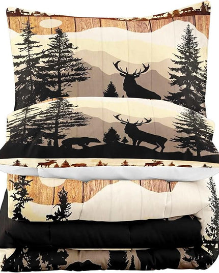 LUVIVIHOME 3PCS Black Bear Deer Comforter Set, Brown Full Size Comforter, Pine Tree Woodland Forest Animal Elk Moose Wildlife Hunting Cabin Lodge Country Rustic Farmhouse Bedding Quilt, 2 Pillow Shams - LeafyLoom