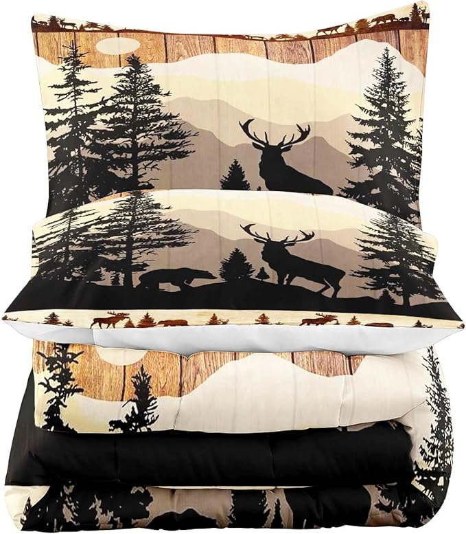 LUVIVIHOME 3PCS Black Bear Deer Comforter Set, Brown Full Size Comforter, Pine Tree Woodland Forest Animal Elk Moose Wildlife Hunting Cabin Lodge Country Rustic Farmhouse Bedding Quilt, 2 Pillow Shams - LeafyLoom