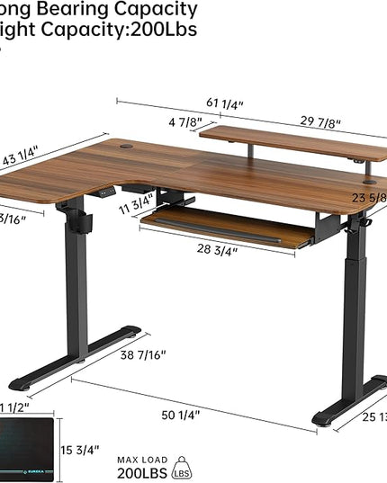 EUREKA ERGONOMIC Standing Desk Electric Adjustable Height (61"x43") Computer Desk with Keyboard Tray, Sit Stand Desk L Shaped Desk for Work/Home Office,Dual Motor,Memory Presets,2 USB/RGB,Walnut/Left - LeafyLoom