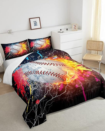 Baseball Twin Comforter Set For Boys,Tie Dye Baseball Sports Bedding Set Red Blue Fire Water Lightning Duvet Insert For All Season,Sports Baseball Quilt Soft Lightweight Bedroom Decor 1 Pillow Case - LeafyLoom