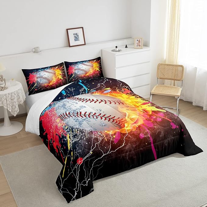 Baseball King Comforter Set For Boys,Tie Dye Baseball Sports Bedding Set Red Blue Fire Water Lightning Duvet Insert For All Season,Sports Baseball Quilt Soft Lightweight Bedroom Decor 2 Pillow Cases - LeafyLoom