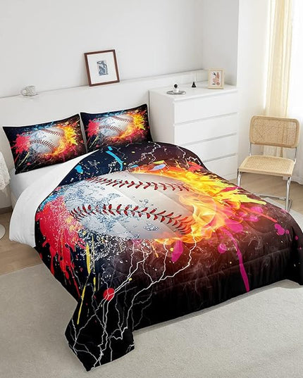 Baseball Comforter Set For Boys,Tie Dye Baseball Sports Full Bedding Set Red Blue Fire Water Lightning Duvet Insert For All Season,Sports Baseball Quilt Soft Lightweight Bedroom Decor 2 Pillow Cases - LeafyLoom