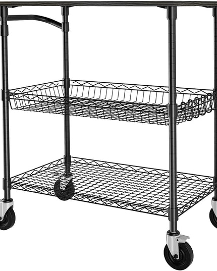 3 Tier Heavy Duty Rolling Utility Cart with Wood Top, NSF Certified Commercial Grade Rolling Carts with Wheels, Handle Bar, Shelf Liner, Trolley Serving Cart for Kitchen, Black - LeafyLoom
