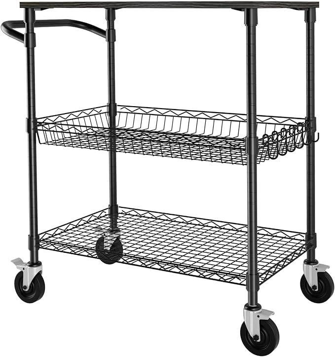 3 Tier Heavy Duty Rolling Utility Cart with Wood Top, NSF Certified Commercial Grade Rolling Carts with Wheels, Handle Bar, Shelf Liner, Trolley Serving Cart for Kitchen, Black - LeafyLoom