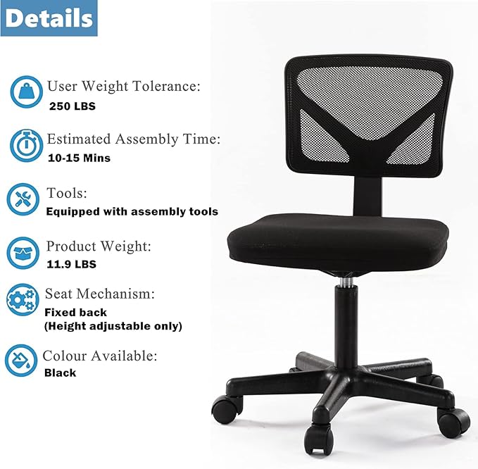 Armless Mesh Task Low Back Ergonomic Home Computer Rolling Swivel for Small Spaces, Height Adjustable, Black - LeafyLoom
