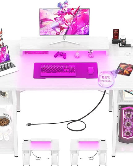 armocity Computer Desk with LED Lights, 48 Inch Reversible Large Desk with Power Outlet and USB, 48'' Gaming PC Table with Moveable Monitor Stand for Home Office, Workstation, White - LeafyLoom