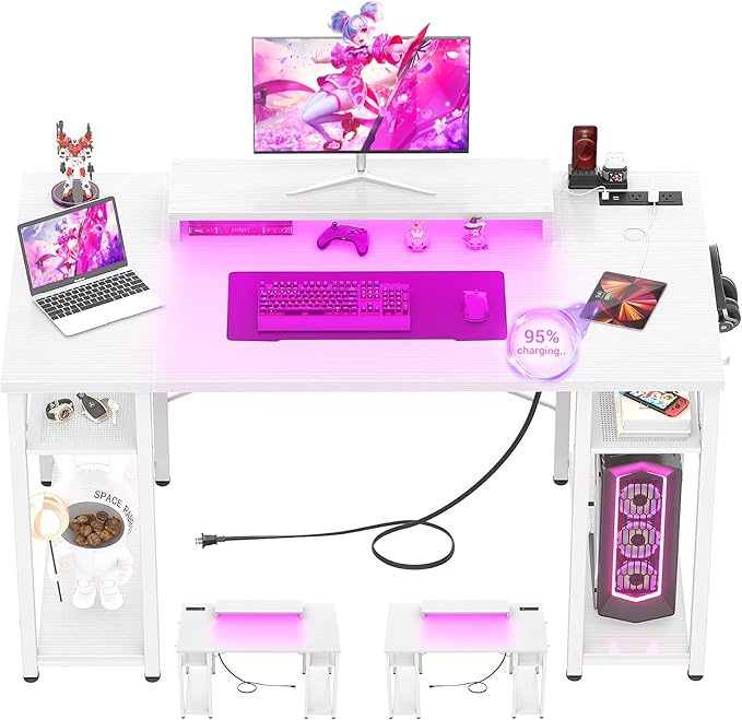 armocity Computer Desk with LED Lights, 48 Inch Reversible Large Desk with Power Outlet and USB, 48'' Gaming PC Table with Moveable Monitor Stand for Home Office, Workstation, White - LeafyLoom
