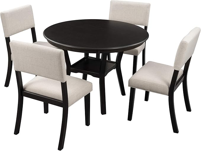 5 Piece, Indoor Modern Wood Set with Round Table, 4 Upholstered Chairs for Kitchen Dining Room, Espresso & Beige - LeafyLoom
