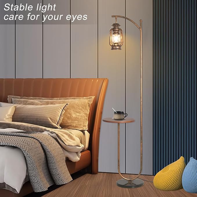 Hsyile Floor Lamp for Living Room Bedroom with Table and Shelves Retro Horse Lantern Floor Lamp with Remote Dimmable Farmhouse Standing Lamp (Red Copper) - LeafyLoom