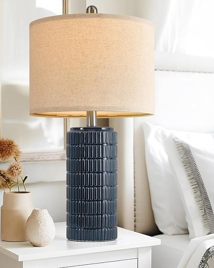 PoKat 23" Blue Table Lamp, Farmhouse Bedside Lamps for Bedroom Set of 2, Ceramic End Table Lamps for Living Room, Traditional Nightstand Desk Lamps, Medium - LeafyLoom