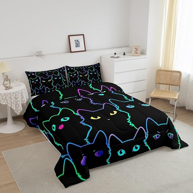 Erosebridal Teen Girl Bedding Full Size Cute Cat Kids Comforter Set Rainbow Line Cats Bedding Sets for Girls Boys Cartoon Kawaii Animal Quilt Set Reversible Black All Season,2 Pillow Cases - LeafyLoom