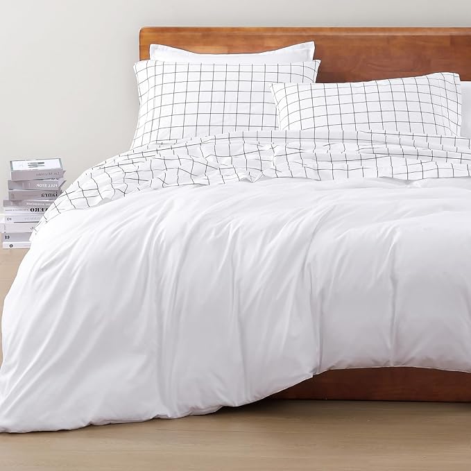 LANE LINEN 100% Organic Cotton Sheets Queen, 4-Piece Bed Sheets Queen Size Cotton, Luxury Sheets, Percale Weave,Breathable Bed Sheets Queen Size Deep Pockets Fits Upto 15" - Windowpane - LeafyLoom