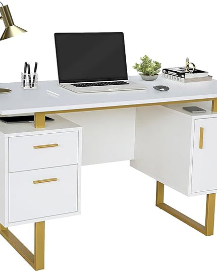 Techni Mobili Storage Drawers and Cabinet 51.25” W-Modern Office Large Floating Desktop Surface Desk, 23.6" D x 51.2" W x 29.8" H, White/Gold - LeafyLoom