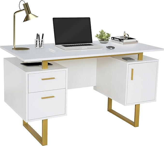 Techni Mobili Storage Drawers and Cabinet 51.25” W-Modern Office Large Floating Desktop Surface Desk, 23.6" D x 51.2" W x 29.8" H, White/Gold - LeafyLoom