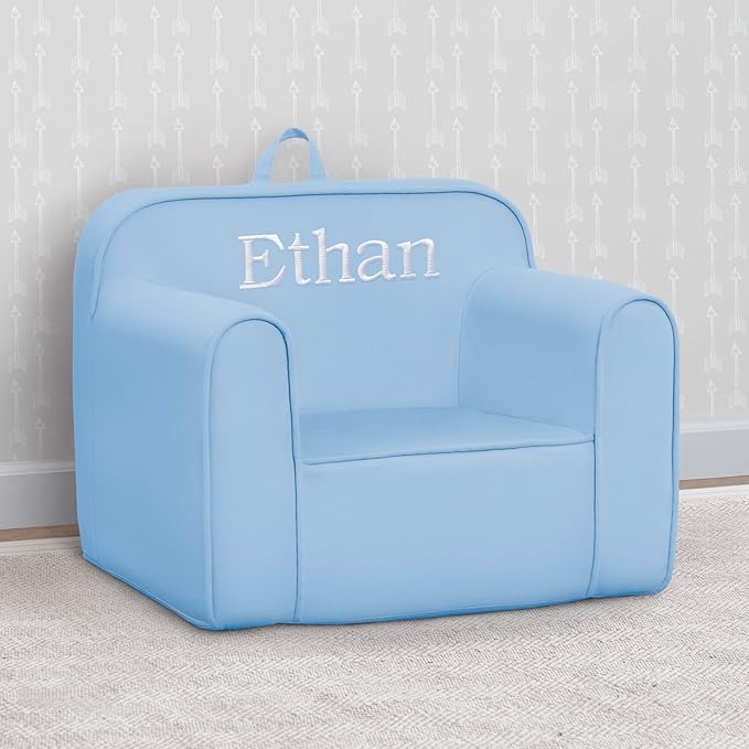 Delta Children Personalized Cozee Chair - Customize with Name – Foam Kids Chair for Ages 18 Months and Up, Powder Blue - LeafyLoom