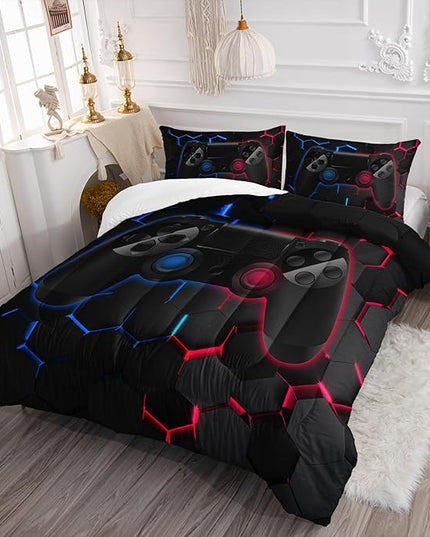 Axolotl Gamer Comforter Sets Full,Geometric Honeycomb Gaming Bedding Sets,Video Games Comforter,Gaming Bedding Set,Game Console Comforter Set for Kids Boys Girls Teens,1 Quilt 2 Pillowcases,Blue Red - LeafyLoom